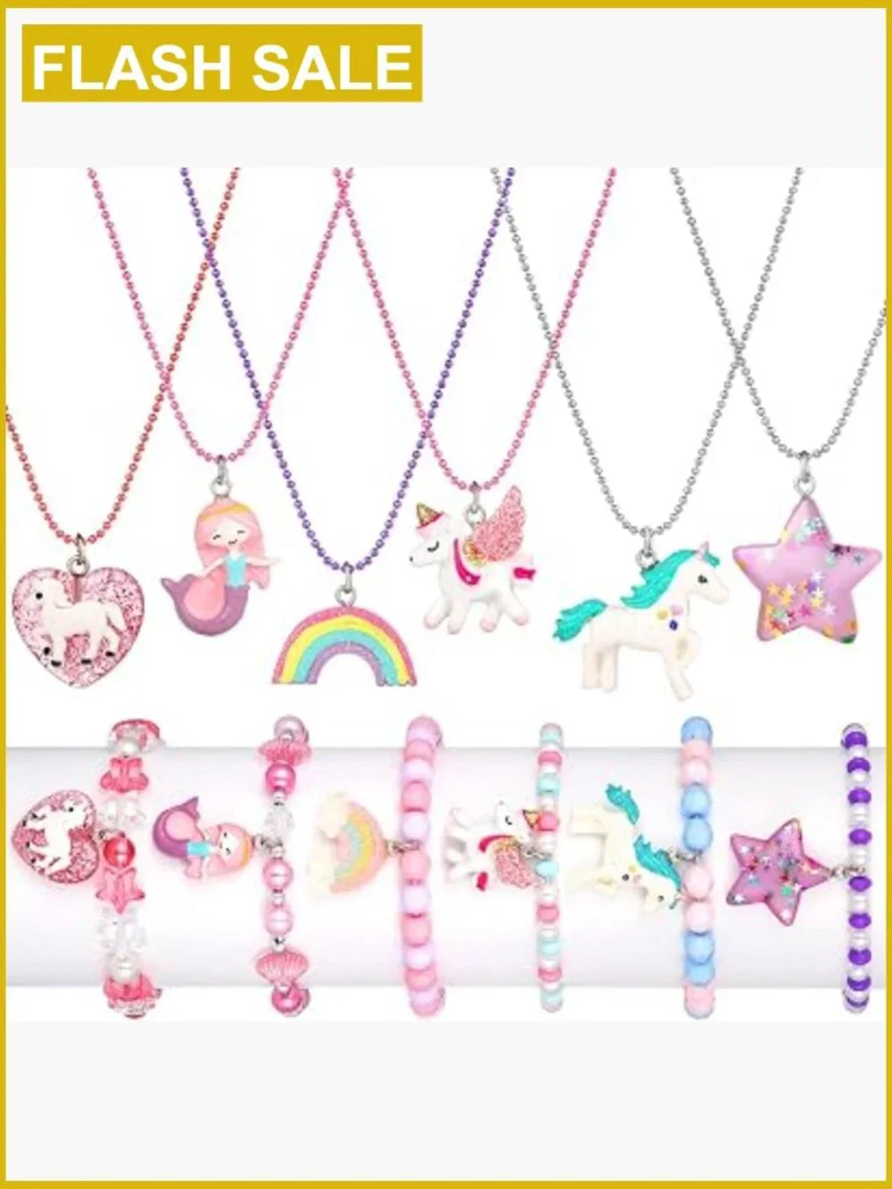 12 Pc Girl Necklaces Bracelets Set with Unicorn Mermaid Rainbow Pendant Kid
